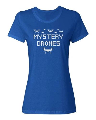 Ladies crewneck T-shirt, dark blue, 8-bit pixel text and drone graphic