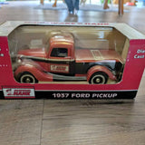 1937 Ford pickup diecast truck in retail box, red and cream with black fenders