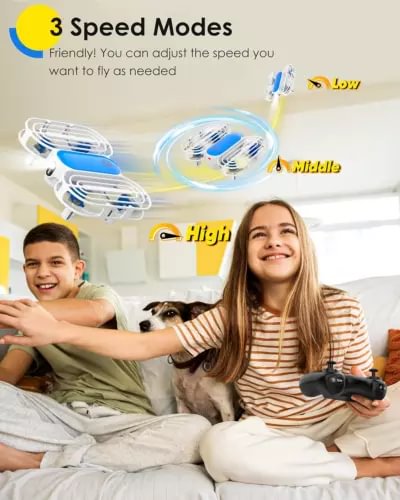 Kids quadcopter drone with blue prop guards and handheld remote controller
