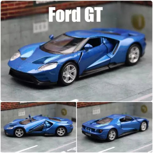Blue alloy diecast model car, Ford GT styling, detailed interior and silver wheels