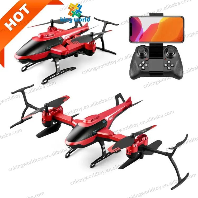Red quadcopter drone with 4-blade propellers, camera, and black remote controller