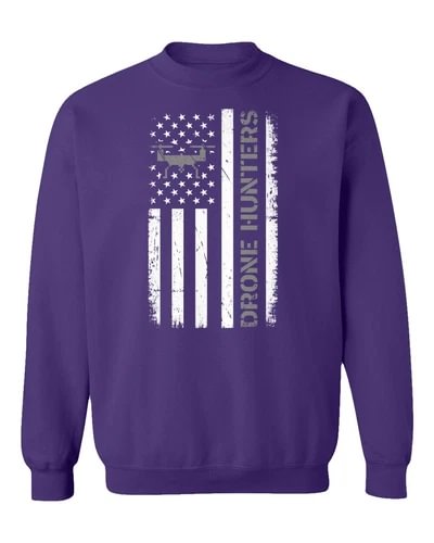 Purple unisex crewneck sweatshirt with distressed USA flag and vertical text graphic