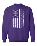 Purple unisex crewneck sweatshirt with distressed USA flag and vertical text graphic