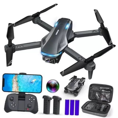 Dark grey quadcopter drone with camera and four propellers