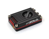 RUSHFPV MAX SOLO video transmitter with black CNC housing and cooling fan, red accents