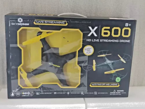 Skydrones X-600 HD live streaming drone retail box, sealed, with drone and accessories shown