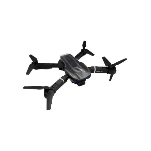 Black folding quadcopter drone with four propellers and front camera module