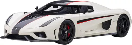 Die-cast model car in white with black carbon detailing and red accents, front angle.