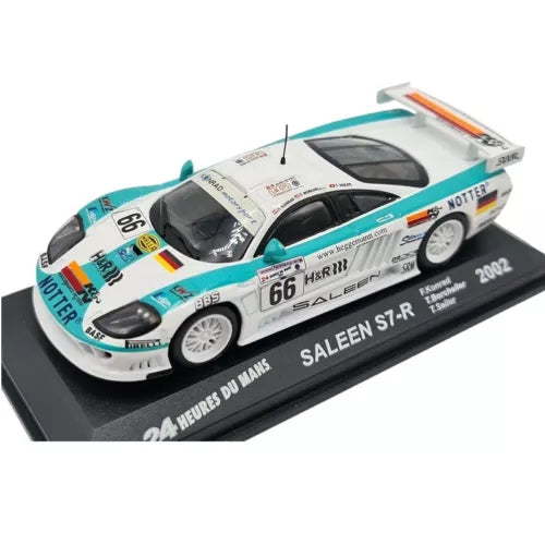 White and teal race car diecast model with #66 livery, Saleen S7-R