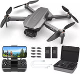 Foldable quadcopter drone with 4-blade propellers and action camera, plus controller set