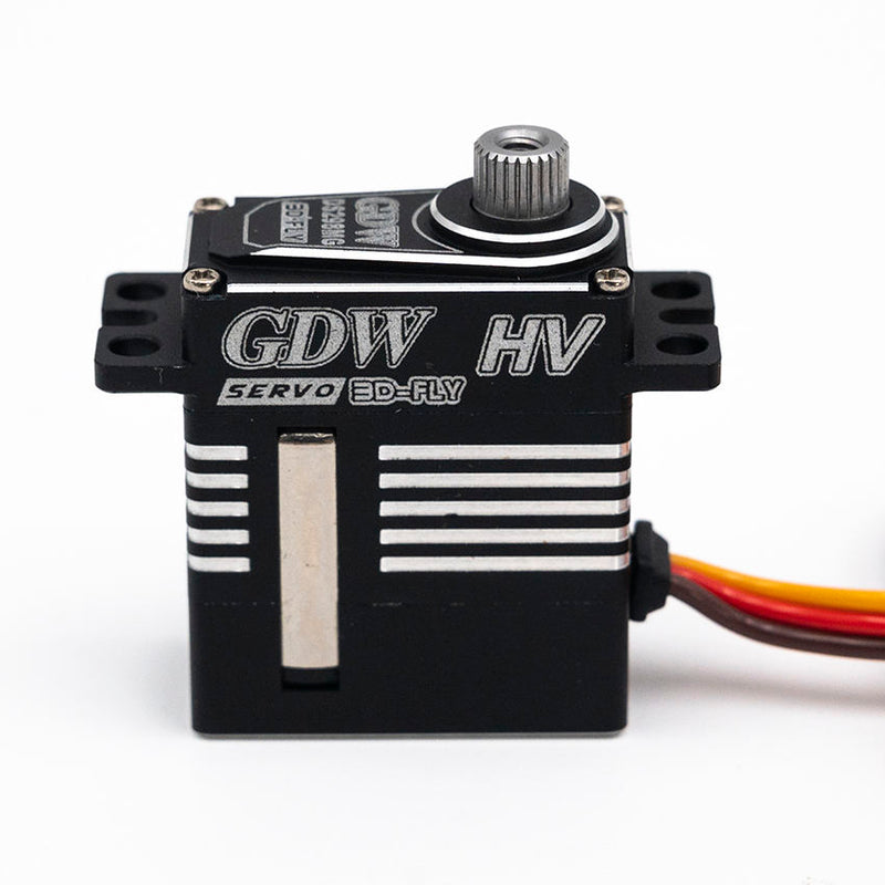 Black RC digital servo with metal output gear and side mounting ears, GDW HV label
