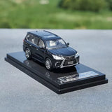 1/64 scale LEXUS LX570 diecast SUV model toy in dark blue on display base