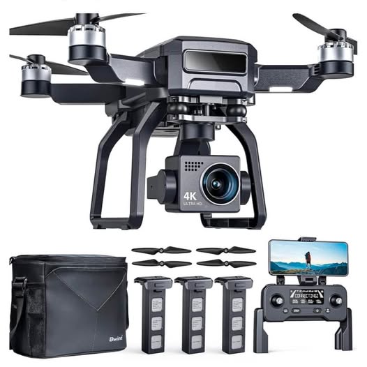 Quadcopter drone kit with 4K camera, remote, spare batteries, props, and carrying bag