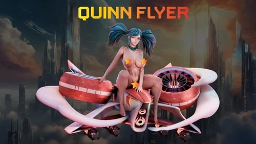 Drone pilot character sitting on pink and red propeller drone, wearing harness and headset