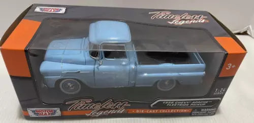 Blue 1958 Chevy Apache diecast pickup truck model, 1:24, in box