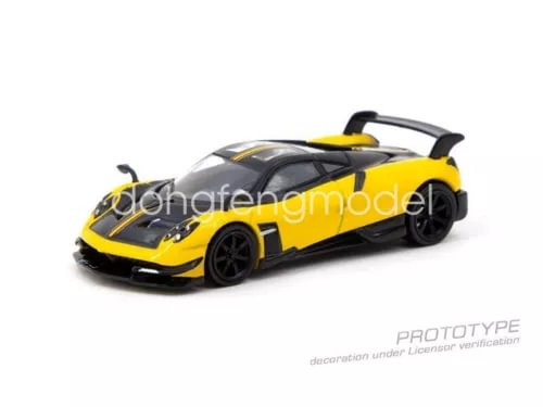 1:64 scale Pagani Huayra BC diecast car, yellow with black accents, front 3/4 view