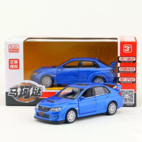 1:36 diecast Subaru WRX STI metal car model, blue, pull-back, front view