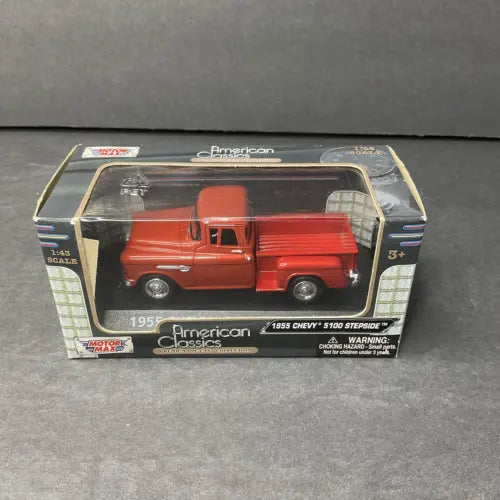 1955 Chevy 5100 Stepside diecast truck, red cab and bed, 1:43 scale