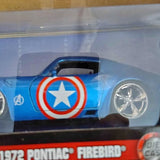 Blue diecast race car in clear box with Captain America shield graphics