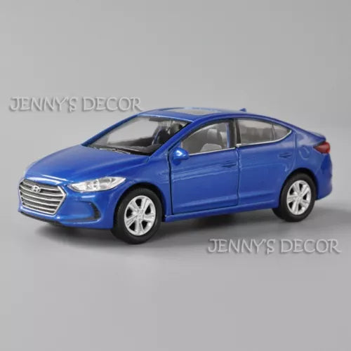 1:36 diecast model car, blue sedan, front 3/4 view