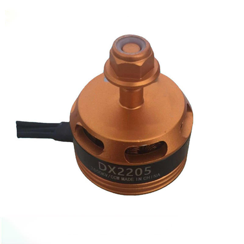 DX2205 brushless motor for FPV drone, copper-colored with label on casing
