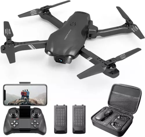 Foldable black quadcopter drone with front camera and four propellers, plus controller.