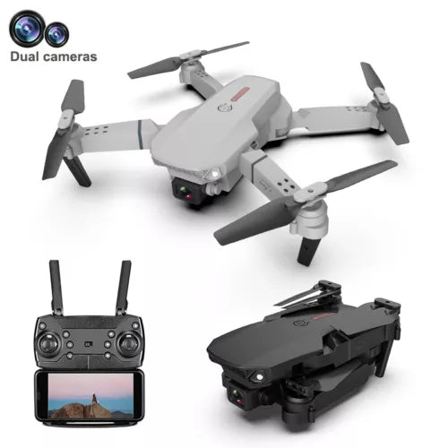 FPV drone with dual cameras, foldable arms, and handheld remote controller.