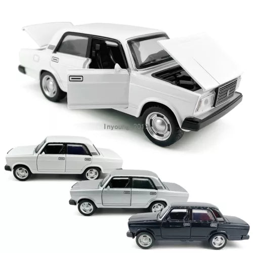 White 1/32 diecast model car, side and front view with doors open