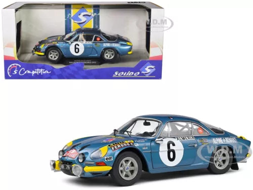 Blue rally car diecast model with number 6, front-left view.