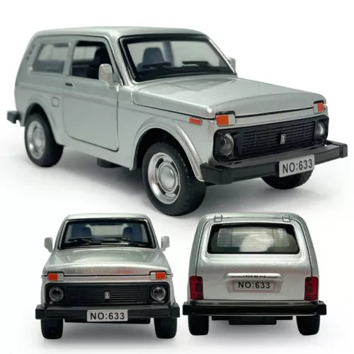 1/32 scale silver diecast toy car, front and rear views, black grille