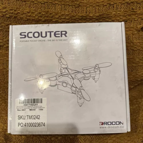 Foldable mini RC drone in retail box with SCOUTER and drone illustration