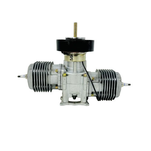 Two-stroke aircraft engine with cooling fins, black intake housing, and vertical shaft