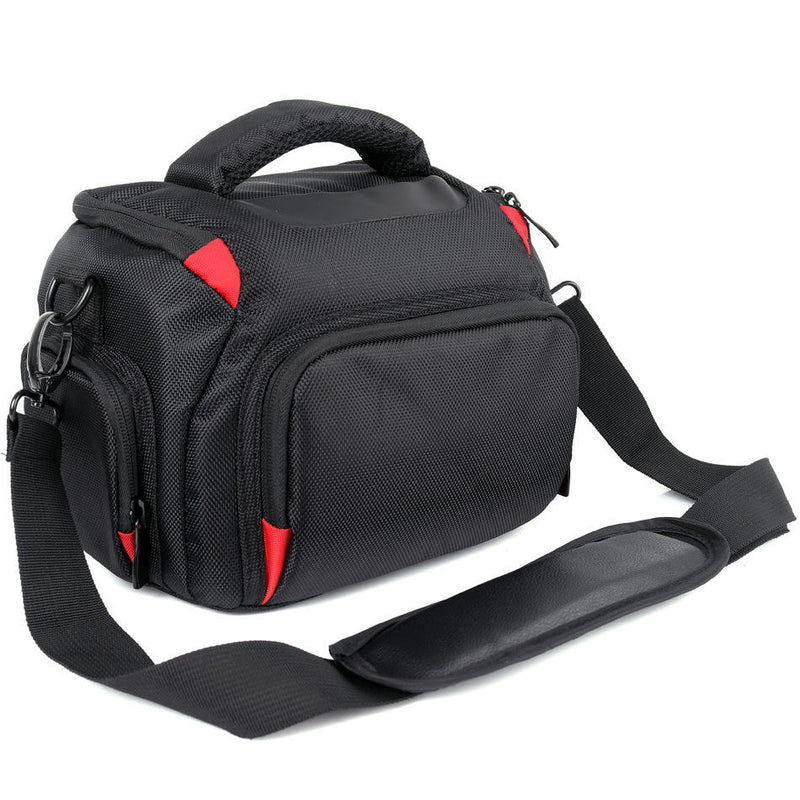 Black camera carry bag with shoulder strap, zip pockets and red accents