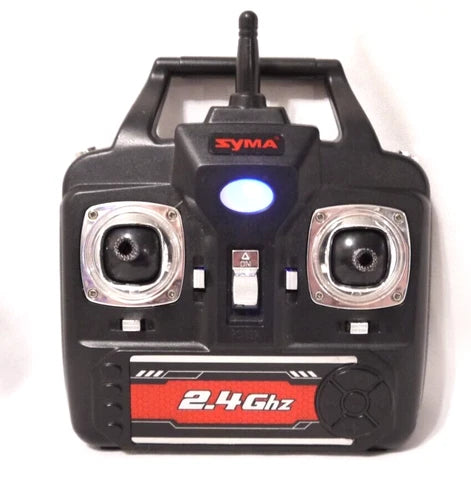 Black Syma 2.4GHz remote control drone transmitter with blue status light and twin knobs