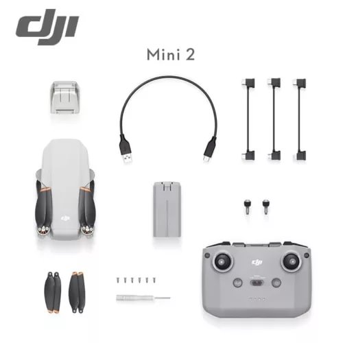 DJI Mini 2 RC drone parts kit with controller, battery, propellers, cables