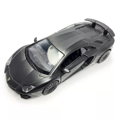 Black diecast model sports car, front 3/4 view