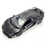Black diecast model sports car, front 3/4 view