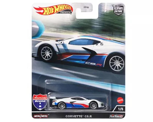 Hot Wheels diecast Corvette C8.R car in blue and white blister packaging