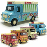 Diecast ice cream truck model car with striped side panel, front view, light blue.