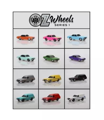 Oz Wheels Series 1 diecast car full set with 12 assorted vehicles in display grid