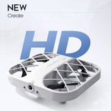White pocket quadcopter drone with front camera and protective prop frame