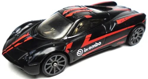 Black die-cast sports car with red stripes and Brembo logo, 1:64 scale