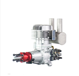 Two-stroke RC airplane engine with rear exhaust muffler and cylinder fins