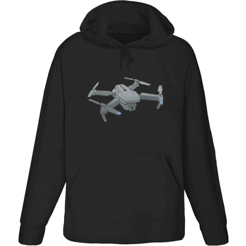 Black adult hoodie with front drone graphic and drawstring hood