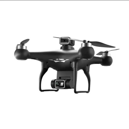 Black quadcopter drone with four propellers and front camera module