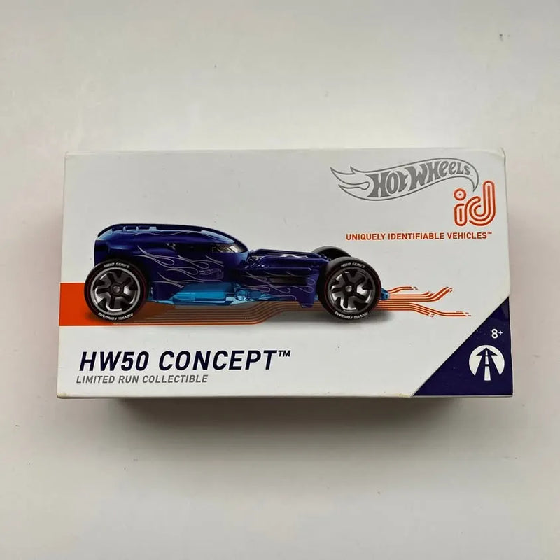 Blue HW50 Concept diecast car in Hot Wheels ID box, blue and black race design