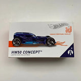 Blue HW50 Concept diecast car in Hot Wheels ID box, blue and black race design