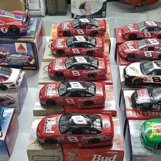 Red #8 Budweiser diecast race car in retail box, Dale Earnhardt Jr. likeness