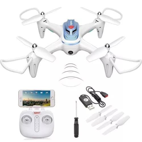 White quadcopter drone with front camera and four foldable propellers