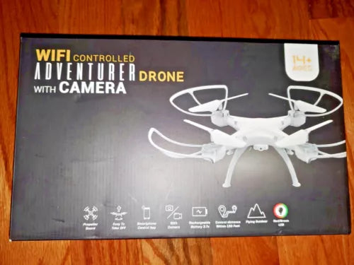 Boxed WiFi controlled adventure drone with camera, white drone graphic on package